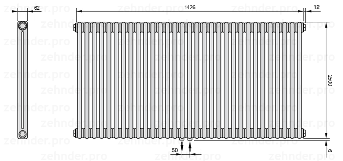 Схема (чертеж) Радиатор Zehnder Charleston 2250/31 №5410 Белый глянцевый RAL 9016